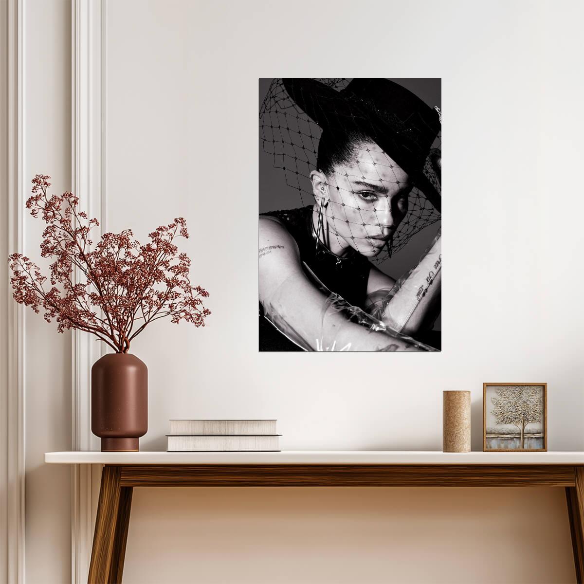 Zoe Kravitz Hat with Netting Poster | Black and White Wall Art Print - Celebrities Poster