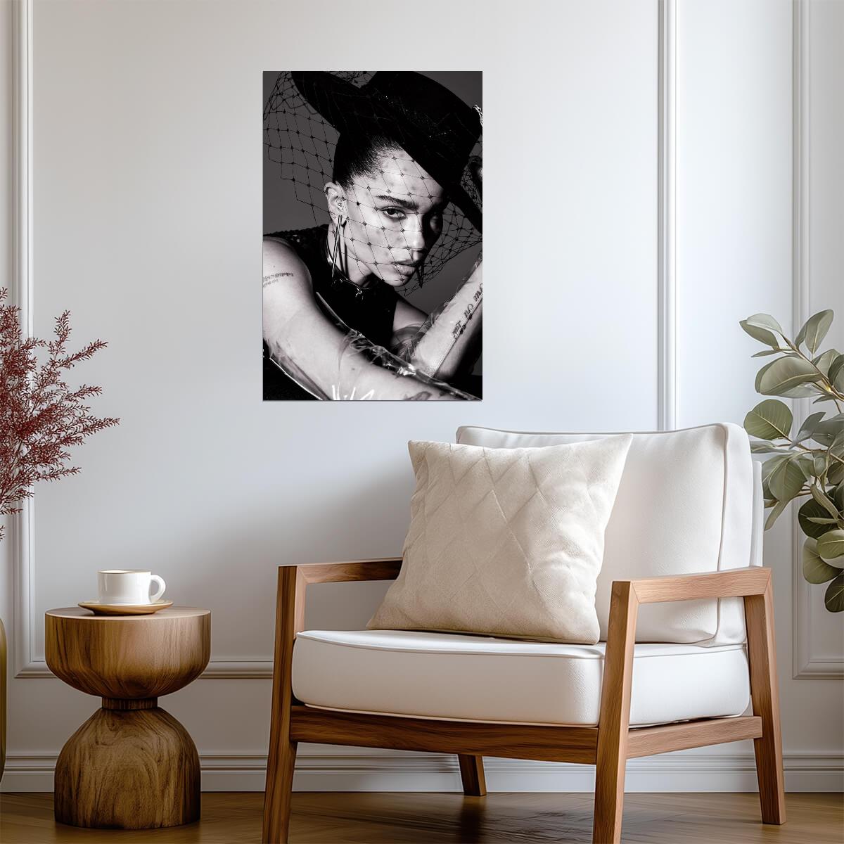 Zoe Kravitz Hat with Netting Poster | Black and White Wall Art Print - Celebrities Poster