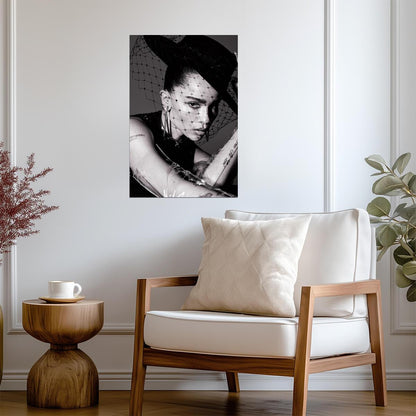 Zoe Kravitz Hat with Netting Poster | Black and White Wall Art Print - Celebrities Poster