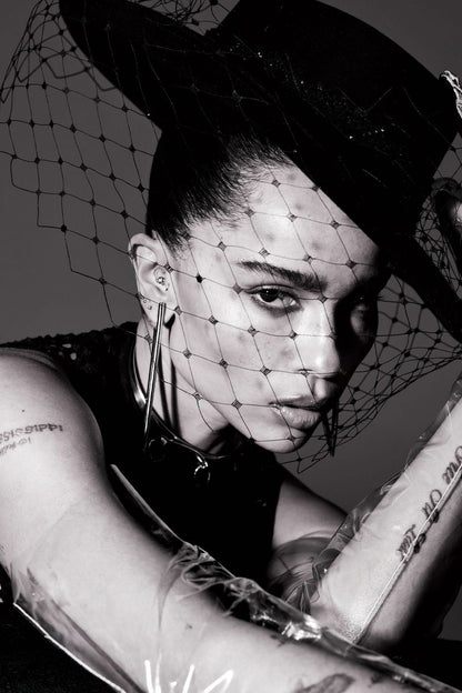 Zoe Kravitz Hat with Netting Poster | Black and White Wall Art Print - Celebrities Poster