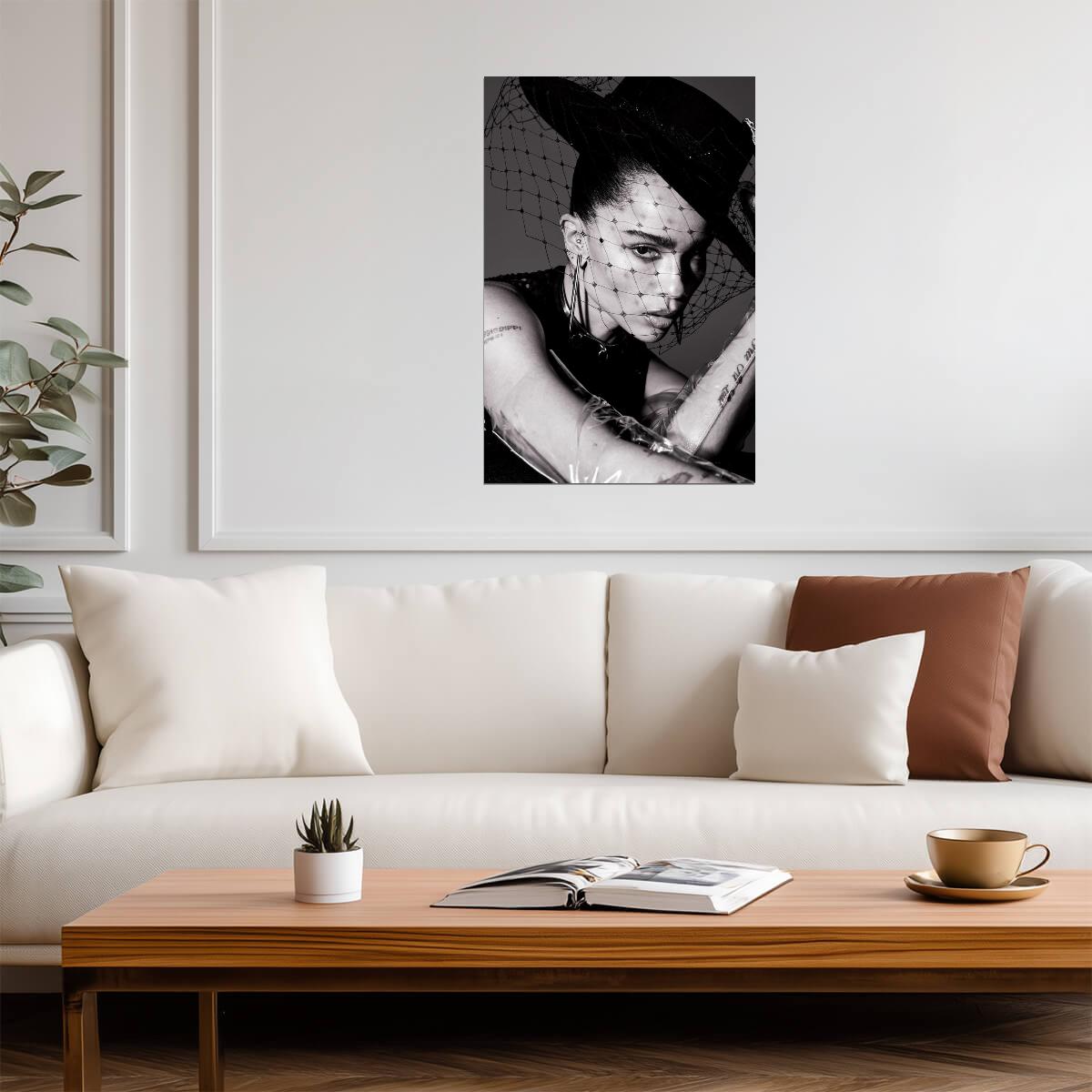Zoe Kravitz Hat with Netting Poster | Black and White Wall Art Print - Celebrities Poster