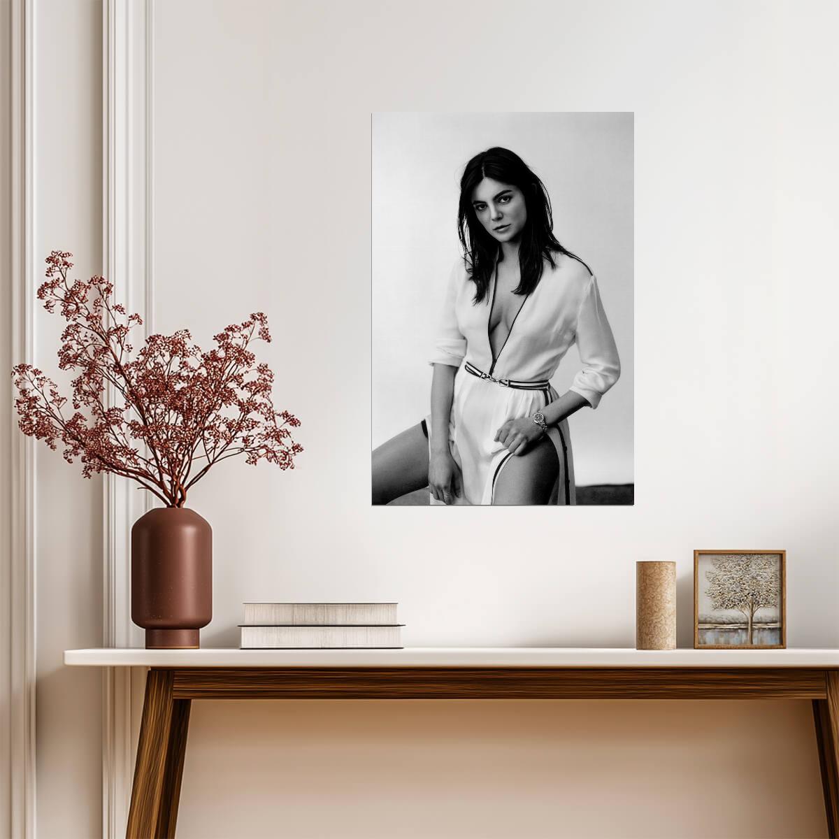 Monica Barbaro in White Shirt Dress Poster | Black and White Portrait Print - Celebrities Poster