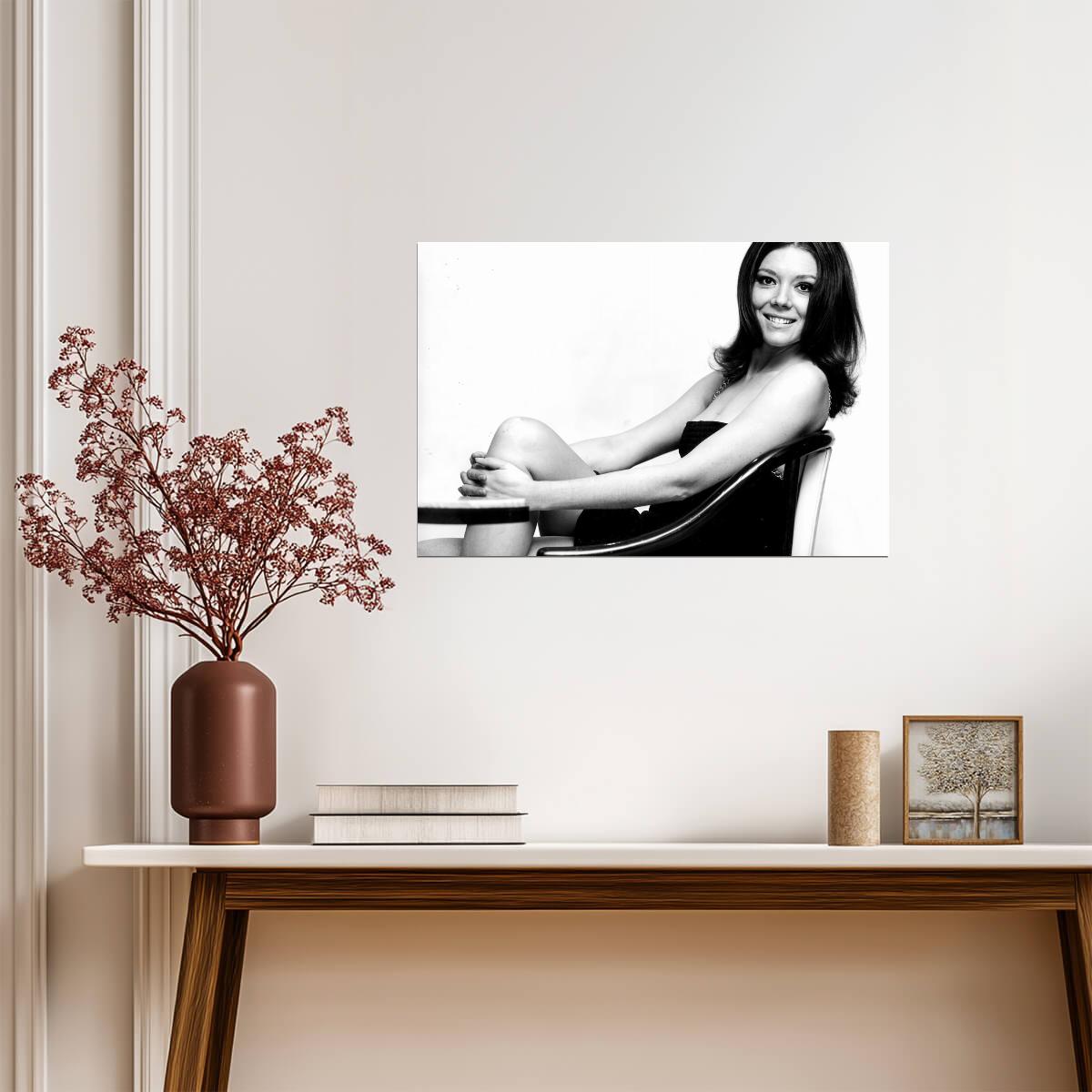 Diana Rigg Smiling Portrait Poster | Black and White Wall Art Print - Celebrities Poster