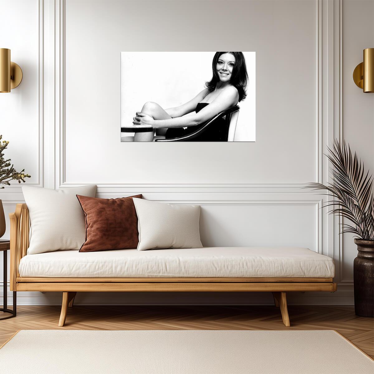 Diana Rigg Smiling Portrait Poster | Black and White Wall Art Print - Celebrities Poster