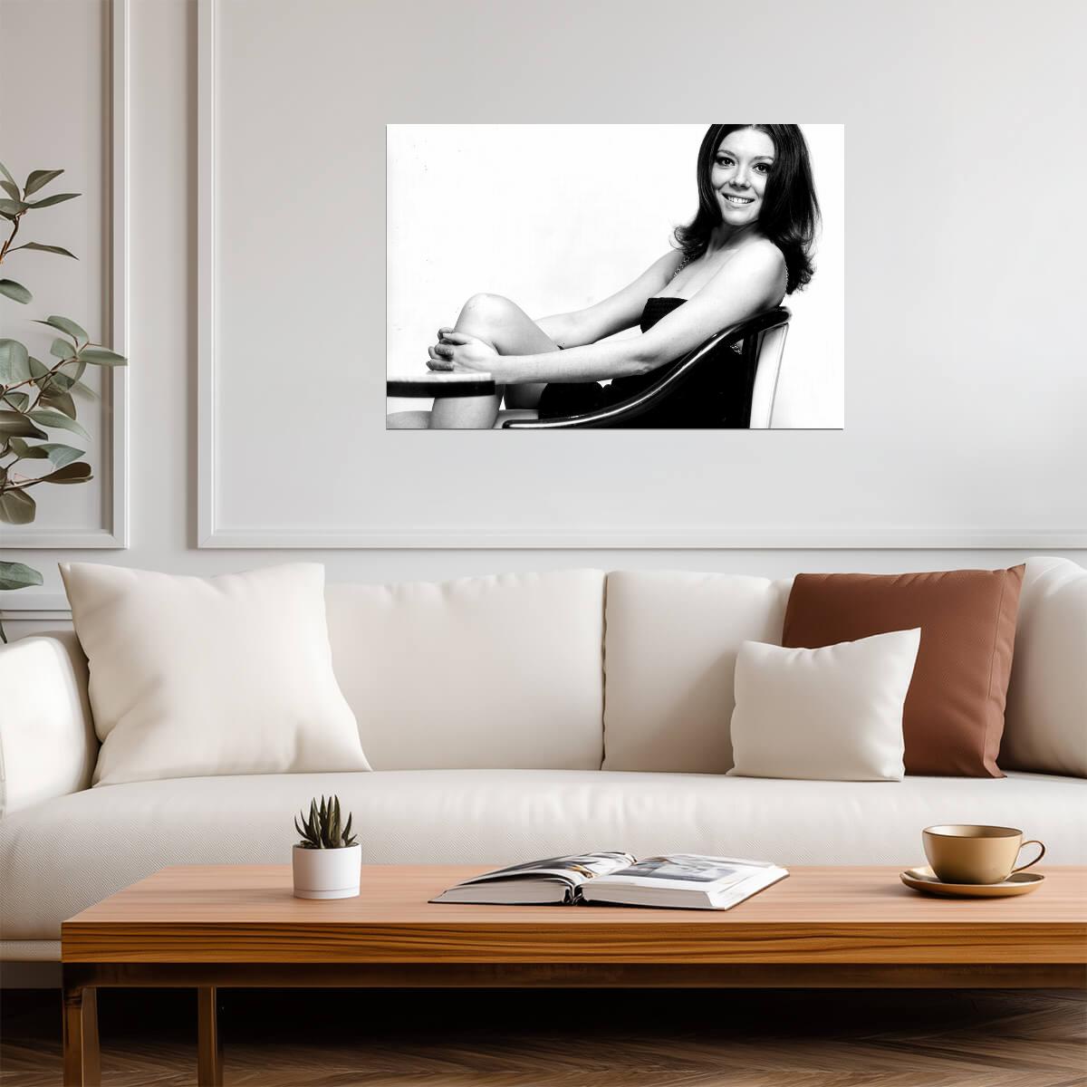 Diana Rigg Smiling Portrait Poster | Black and White Wall Art Print - Celebrities Poster