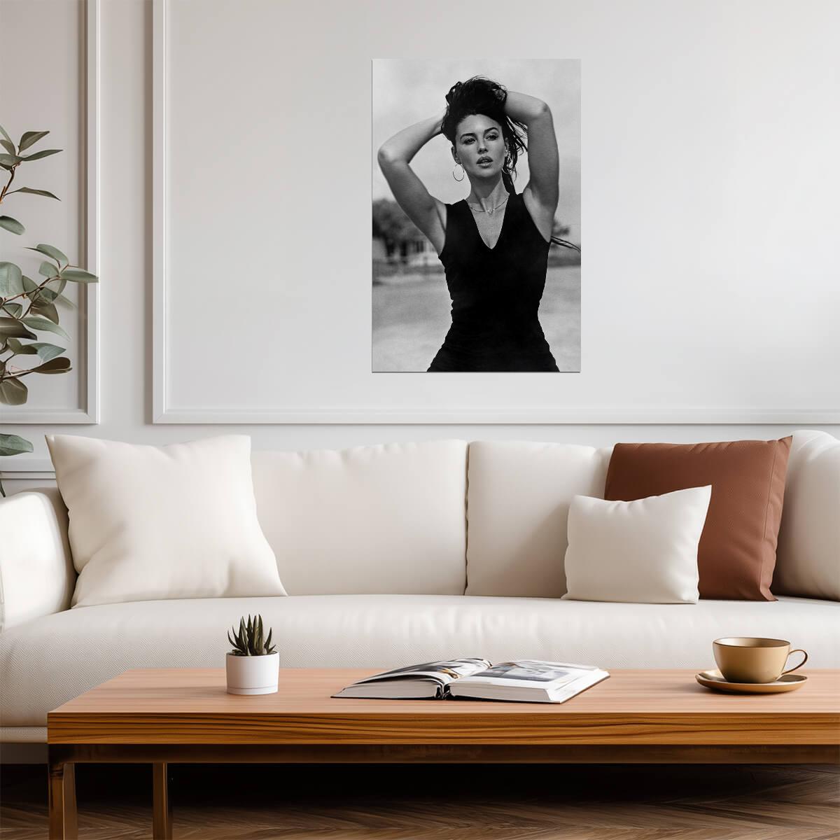 Monica Bellucci in Black Dress Poster | Black and White Portrait Print - Celebrities Poster