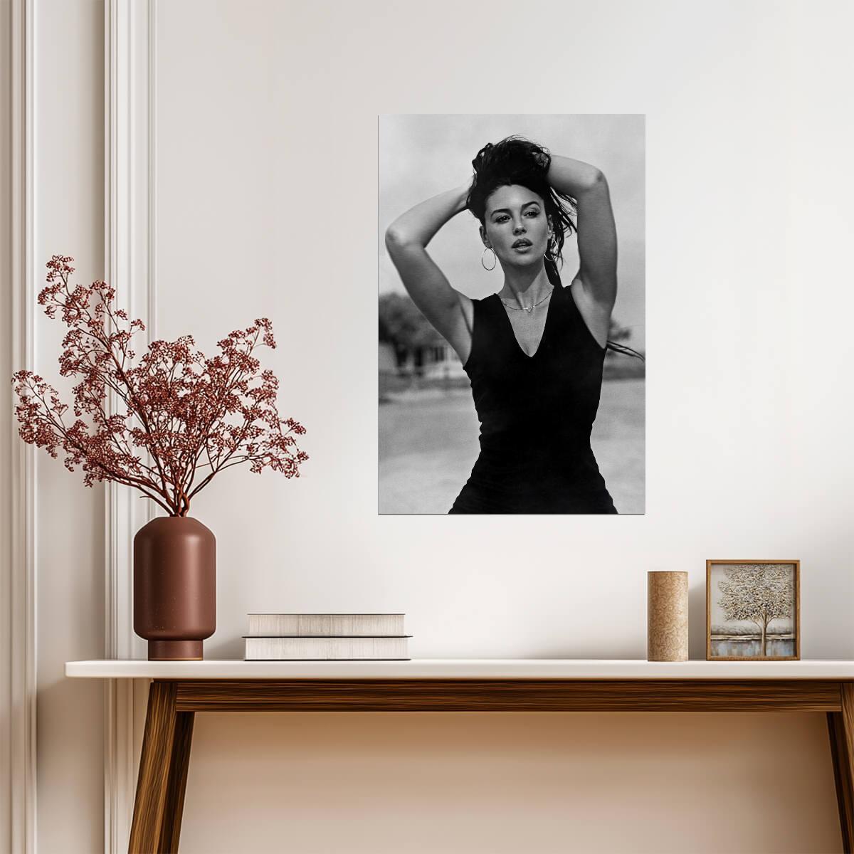 Monica Bellucci in Black Dress Poster | Black and White Portrait Print - Celebrities Poster