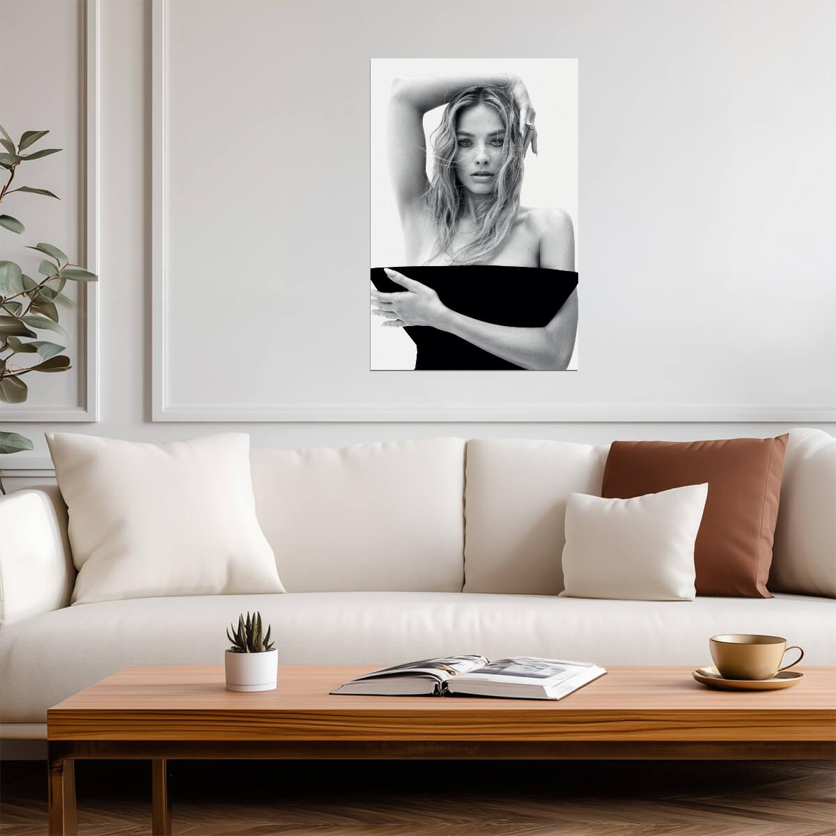 Margot Robbie in Black Top Poster | Black and White Portrait Wall Art Print - Celebrities Poster