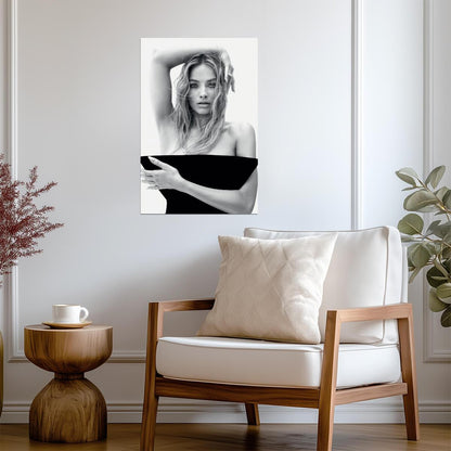 Margot Robbie in Black Top Poster | Black and White Portrait Wall Art Print - Celebrities Poster