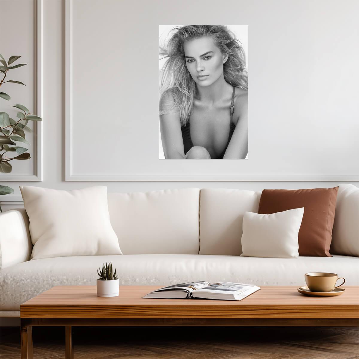 Margot Robbie Close Up Portrait Poster | Black and White Wall Art Print - Celebrities Poster