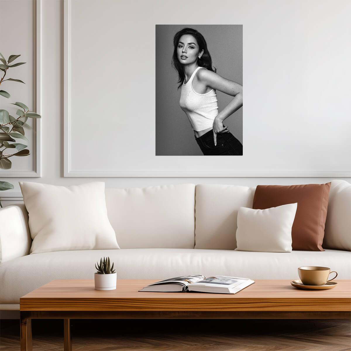 Ana De Armas in White Tank and Jeans Poster | Black and White Wall Art Print - Celebrities Poster