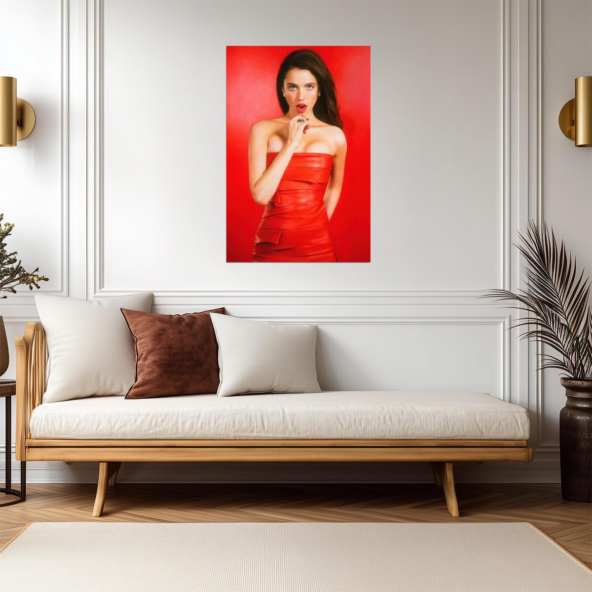 Margaret Qualley in Red Dress Poster | Red Background Wall Art Print - Celebrities Poster