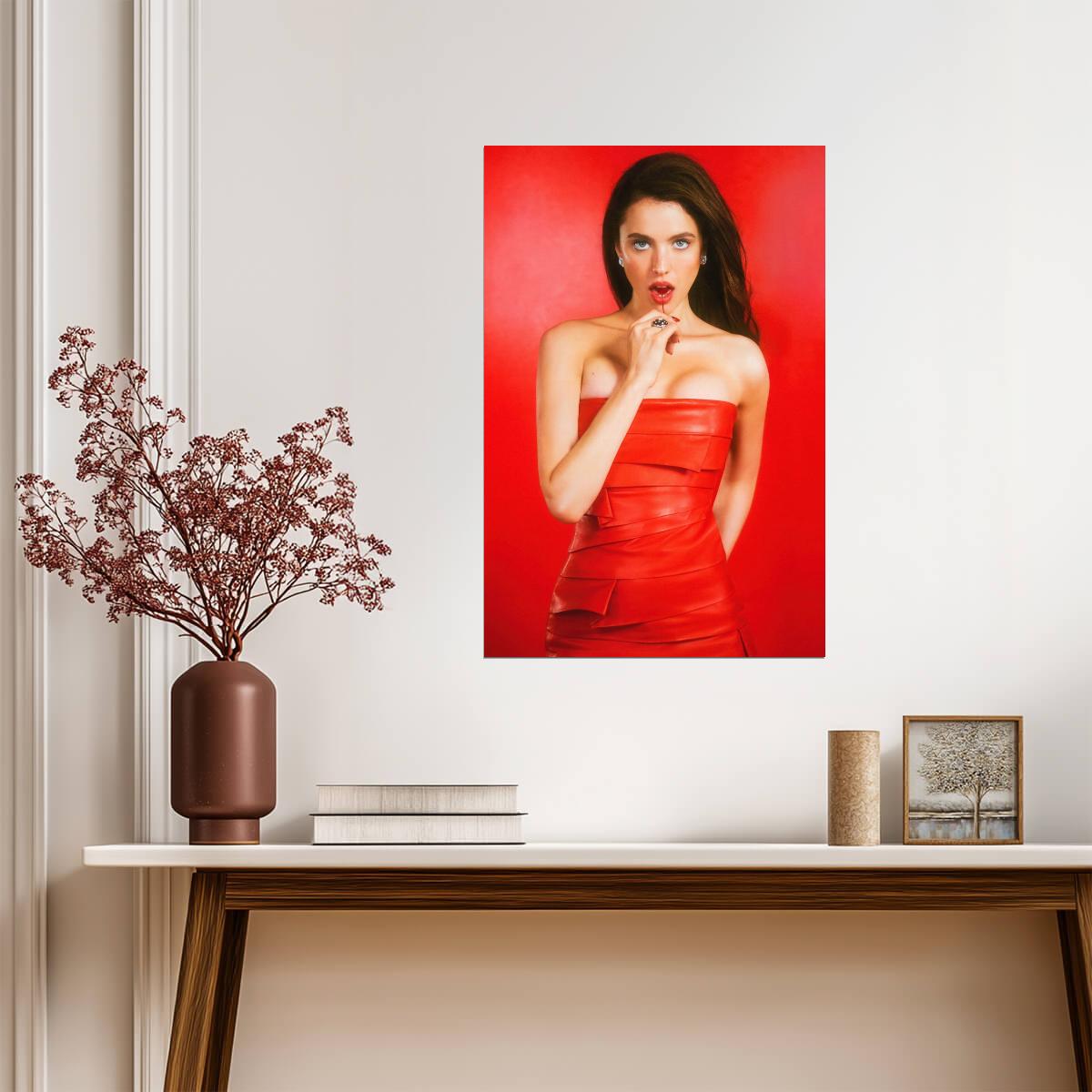 Margaret Qualley in Red Dress Poster | Red Background Wall Art Print - Celebrities Poster