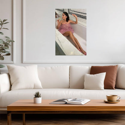 Monica Barbaro in Feather Dress Poster | Champagne Wall Art Print - Celebrities Poster