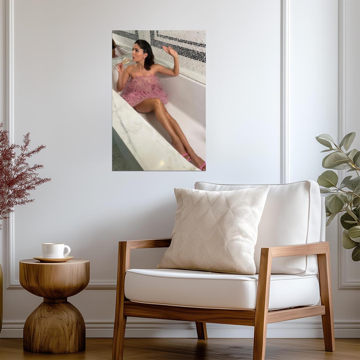 Monica Barbaro in Feather Dress Poster | Champagne Wall Art Print - Celebrities Poster