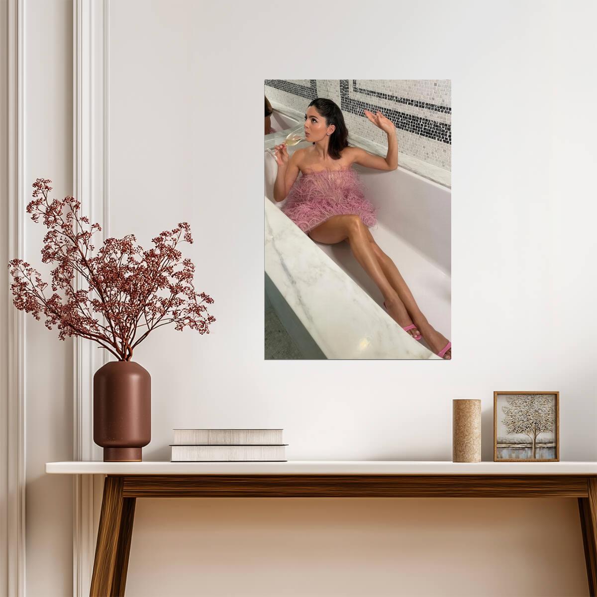 Monica Barbaro in Feather Dress Poster | Champagne Wall Art Print - Celebrities Poster