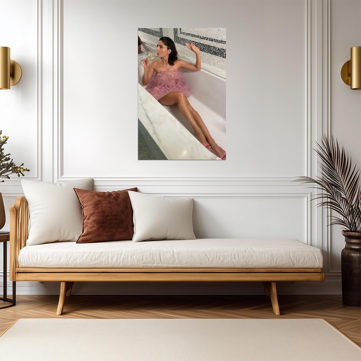 Monica Barbaro in Feather Dress Poster | Champagne Wall Art Print - Celebrities Poster
