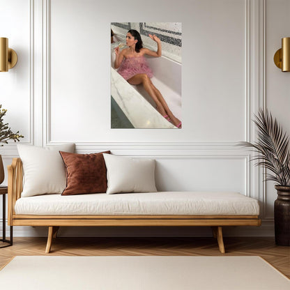 Monica Barbaro in Feather Dress Poster | Champagne Wall Art Print - Celebrities Poster