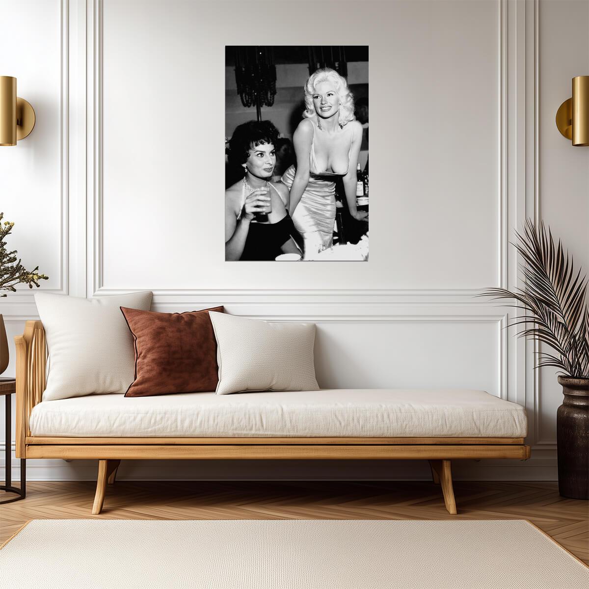 Jayne Mansfield with Sophia Loren Poster | Black and White Wall Art Print - Celebrities Poster