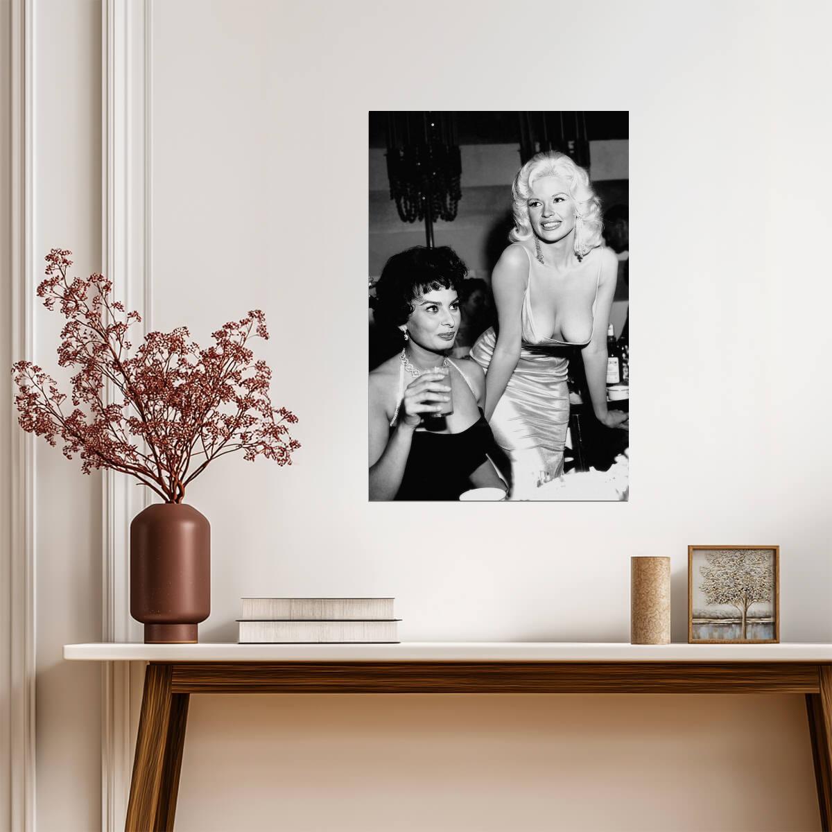 Jayne Mansfield with Sophia Loren Poster | Black and White Wall Art Print - Celebrities Poster