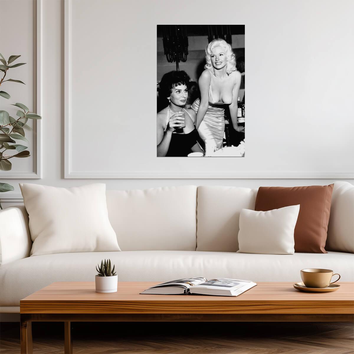 Jayne Mansfield with Sophia Loren Poster | Black and White Wall Art Print - Celebrities Poster
