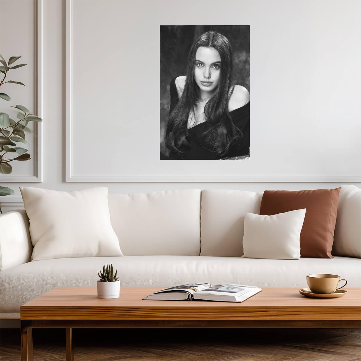 Angelina Jolie Young Portrait Poster | Black and White Wall Art Print - Celebrities Poster