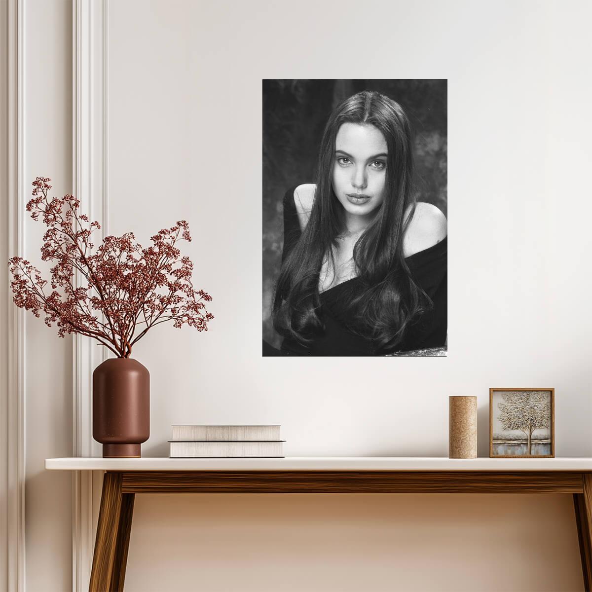 Angelina Jolie Young Portrait Poster | Black and White Wall Art Print - Celebrities Poster
