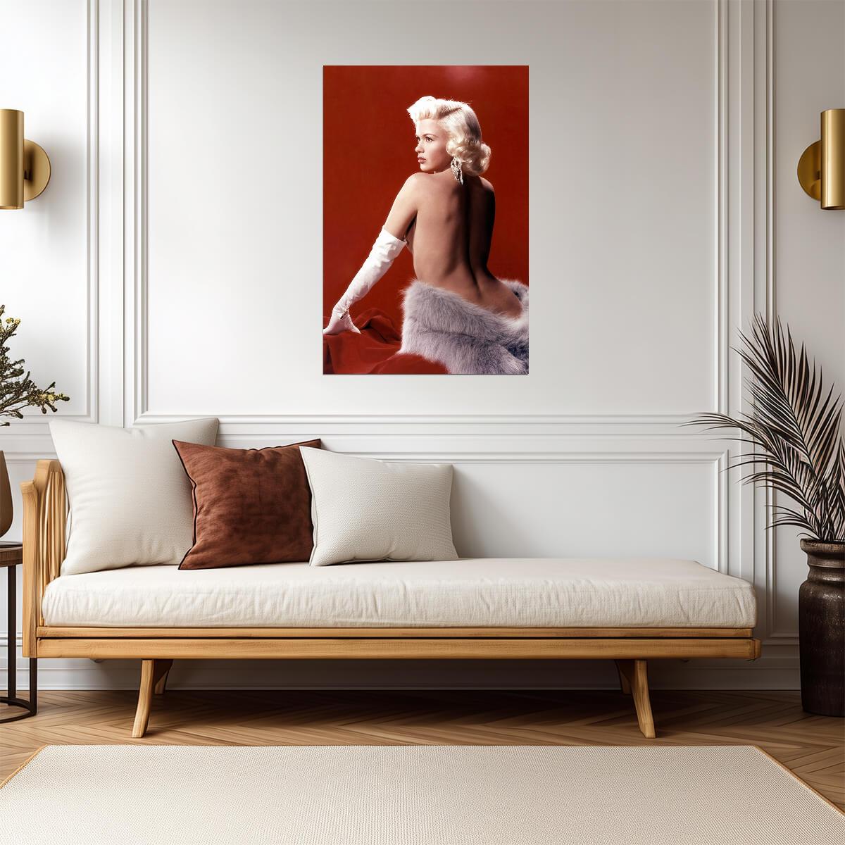 Jayne Mansfield Nude Back Poster | Red Background Sexy Actress Print - Celebrities Poster