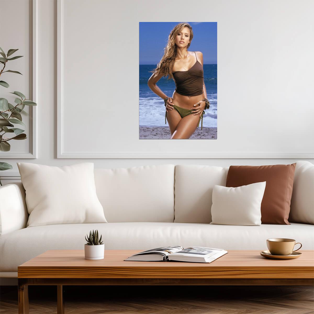 Jessica Alba Wet Beach Portrait Poster | Sexy Actress Wall Art Print - Celebrities Poster
