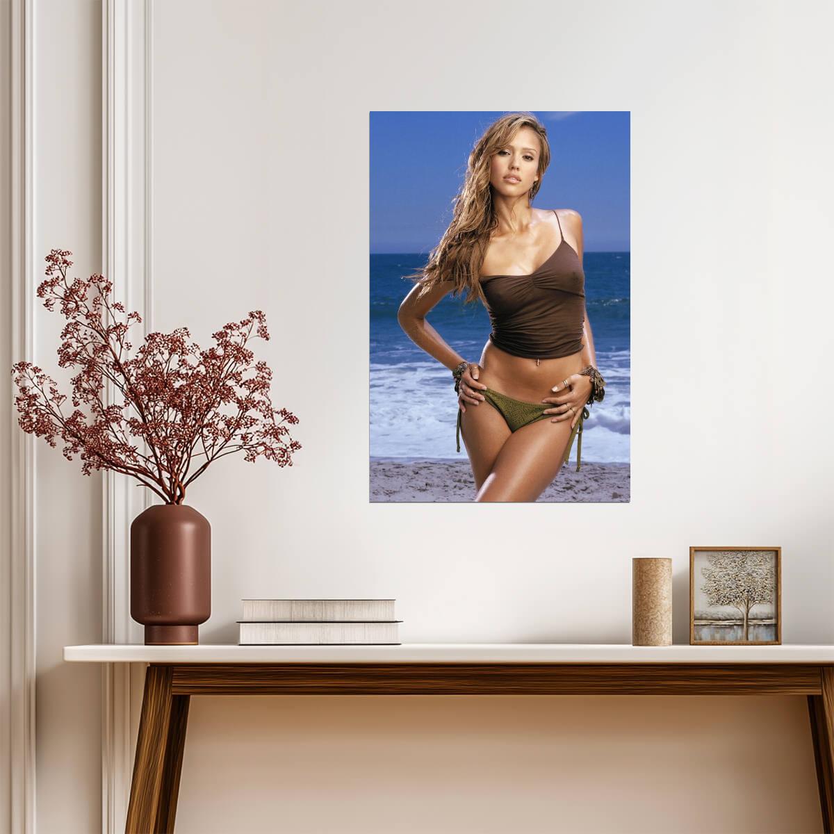 Jessica Alba Wet Beach Portrait Poster | Sexy Actress Wall Art Print - Celebrities Poster
