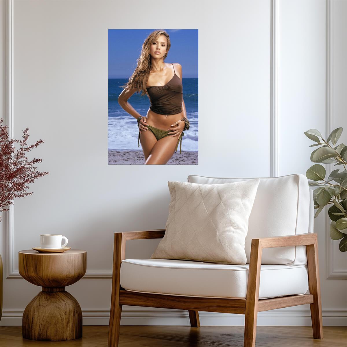 Jessica Alba Wet Beach Portrait Poster | Sexy Actress Wall Art Print - Celebrities Poster