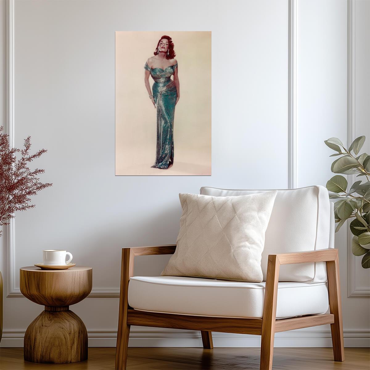 Jane Russell in Long Turquoise Dress Poster | Full Body Wall Art Print - Celebrities Poster