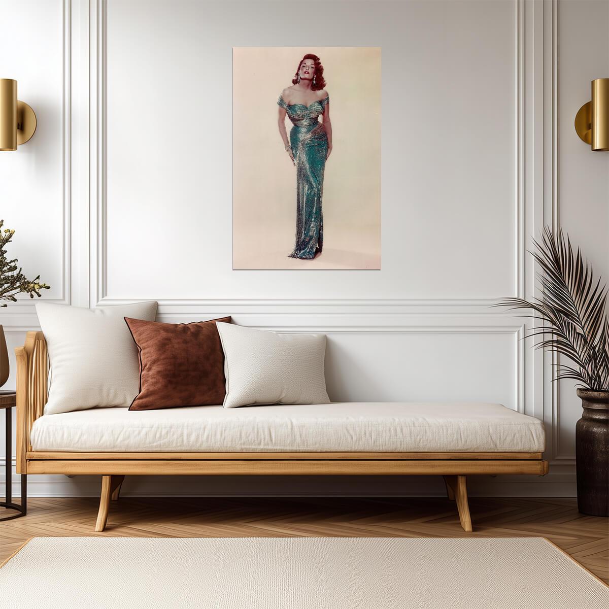 Jane Russell in Long Turquoise Dress Poster | Full Body Wall Art Print - Celebrities Poster