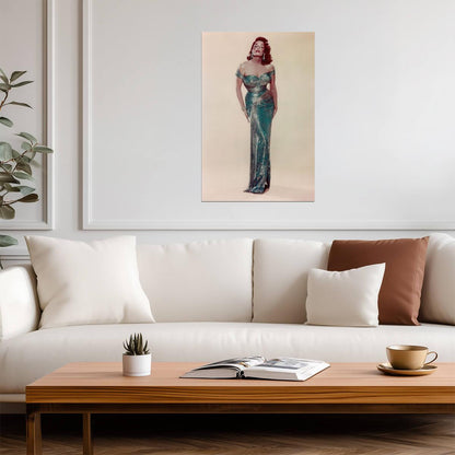 Jane Russell in Long Turquoise Dress Poster | Full Body Wall Art Print - Celebrities Poster
