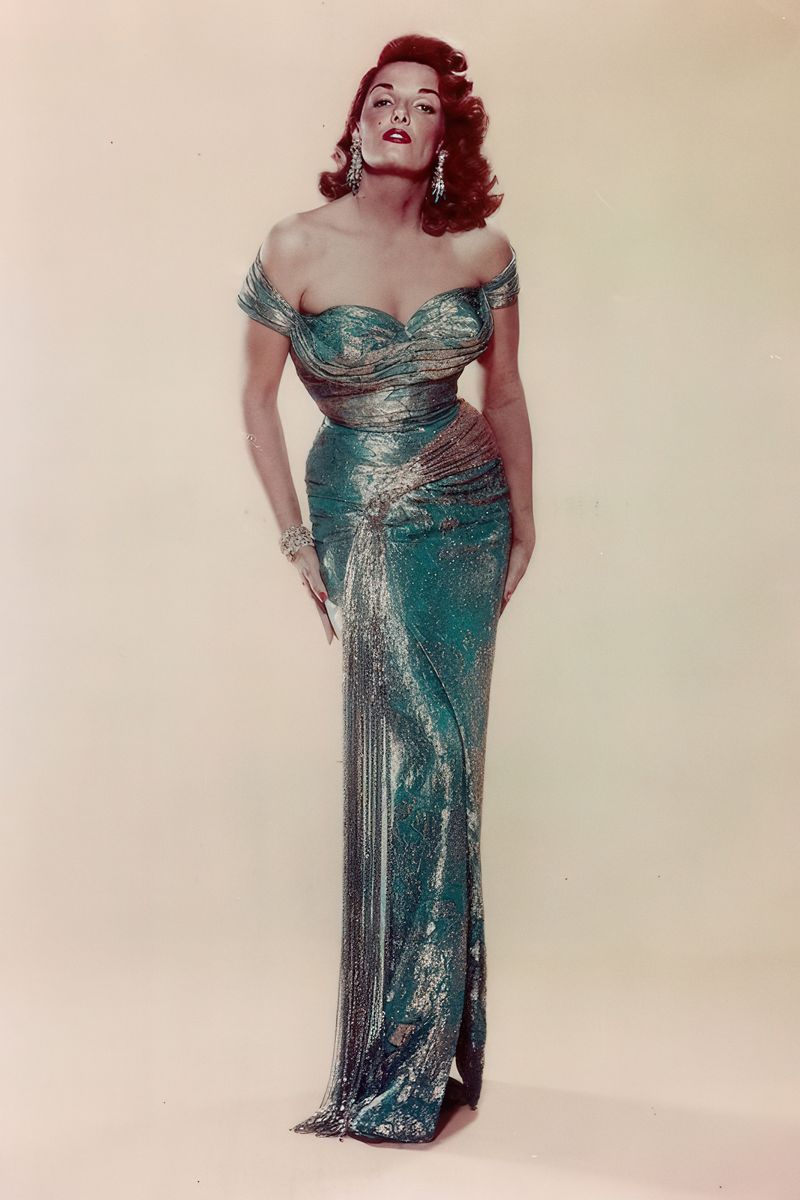 Jane Russell in Long Turquoise Dress Poster | Full Body Wall Art Print - Celebrities Poster