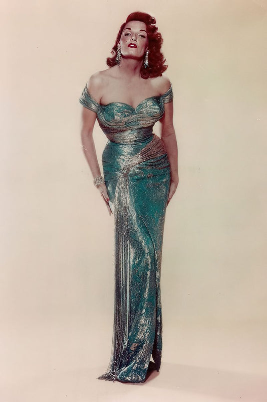 Jane Russell in Long Turquoise Dress Poster | Full Body Wall Art Print - Celebrities Poster