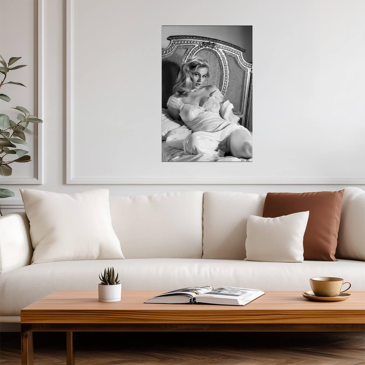 Anita Ekberg Lying Pose Poster | Black and White Portrait Wall Art Print - Celebrities Poster