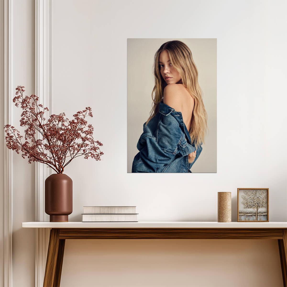 Sydney Sweeney in Denim Jacket Poster | Bare Shoulder Wall Art Print - Celebrities Poster