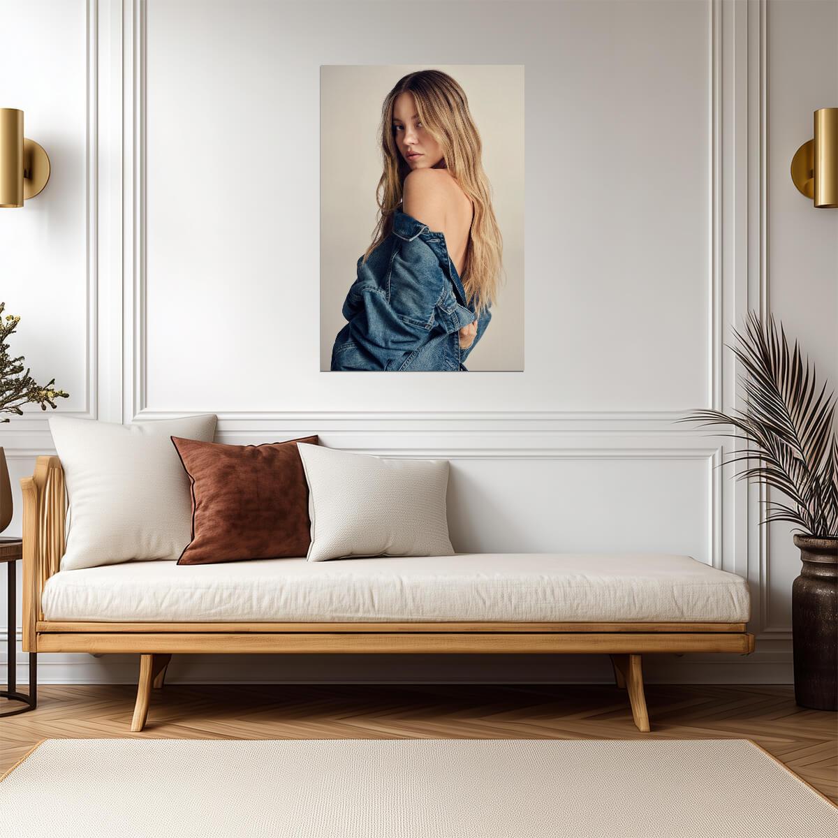 Sydney Sweeney in Denim Jacket Poster | Bare Shoulder Wall Art Print - Celebrities Poster