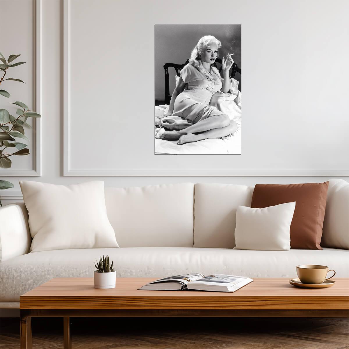 Mamie Van Doren Smoking Poster | Black and White Portrait Wall Art Print - Celebrities Poster