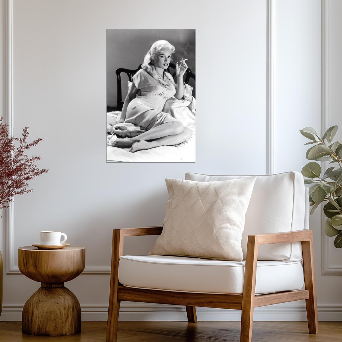 Mamie Van Doren Smoking Poster | Black and White Portrait Wall Art Print - Celebrities Poster