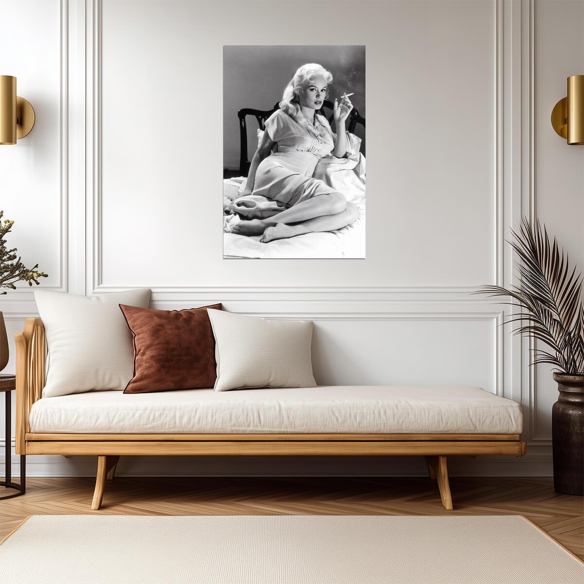 Mamie Van Doren Smoking Poster | Black and White Portrait Wall Art Print - Celebrities Poster