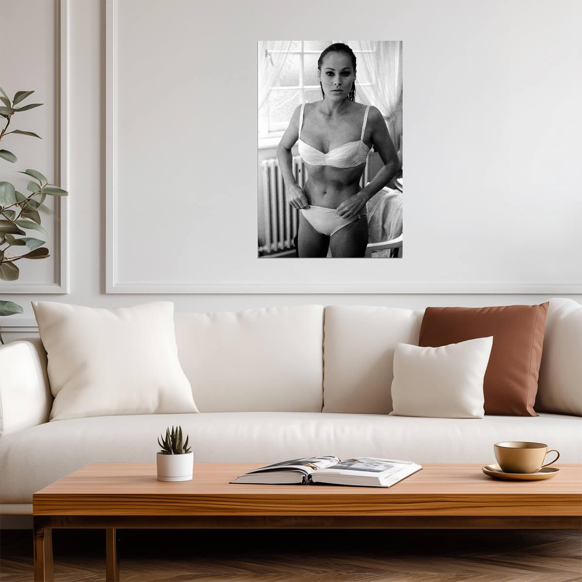 Ursula Andress in White Bikini Poster | Black and White Wall Art Print - Celebrities Poster