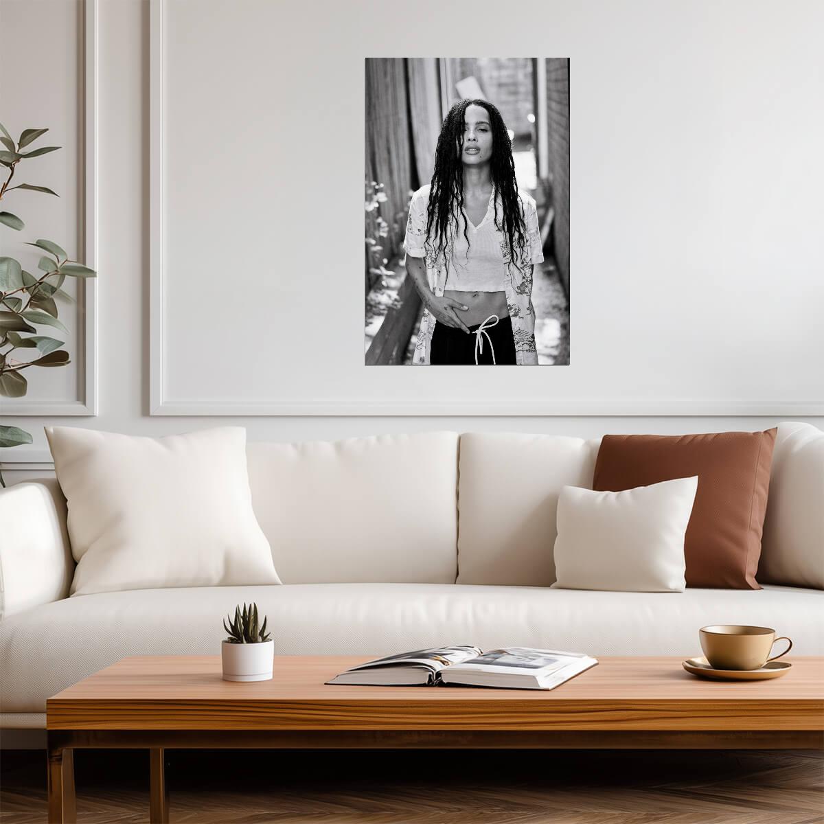 Zoe Kravitz in White T-Shirt and Braids Poster | Black and White Print - Celebrities Poster