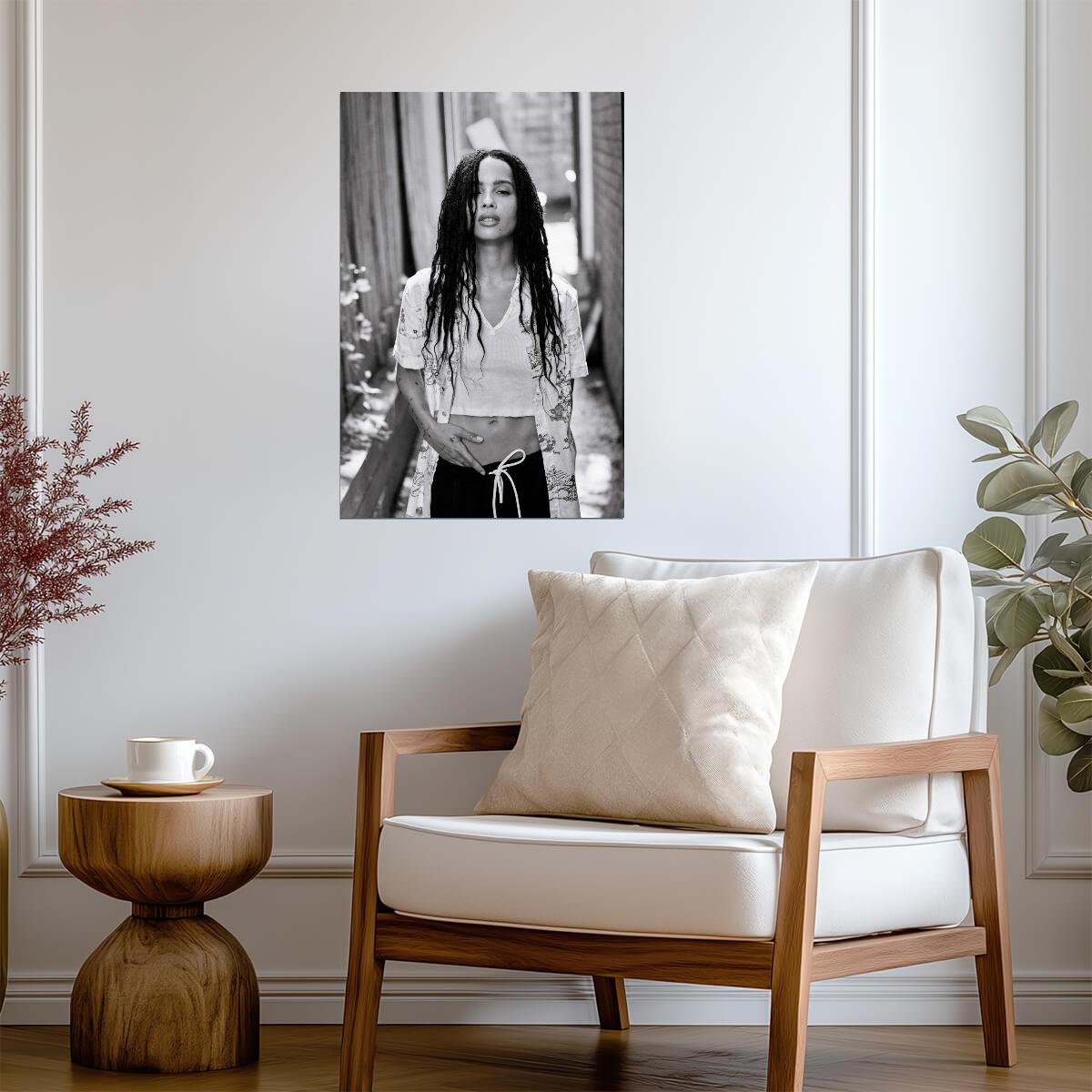 Zoe Kravitz in White T-Shirt and Braids Poster | Black and White Print - Celebrities Poster