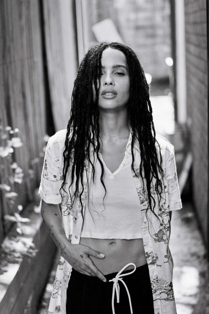 Zoe Kravitz in White T-Shirt and Braids Poster | Black and White Print - Celebrities Poster