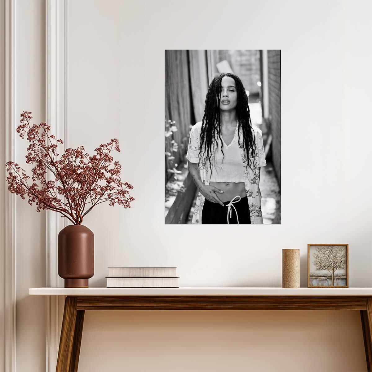 Zoe Kravitz in White T-Shirt and Braids Poster | Black and White Print - Celebrities Poster
