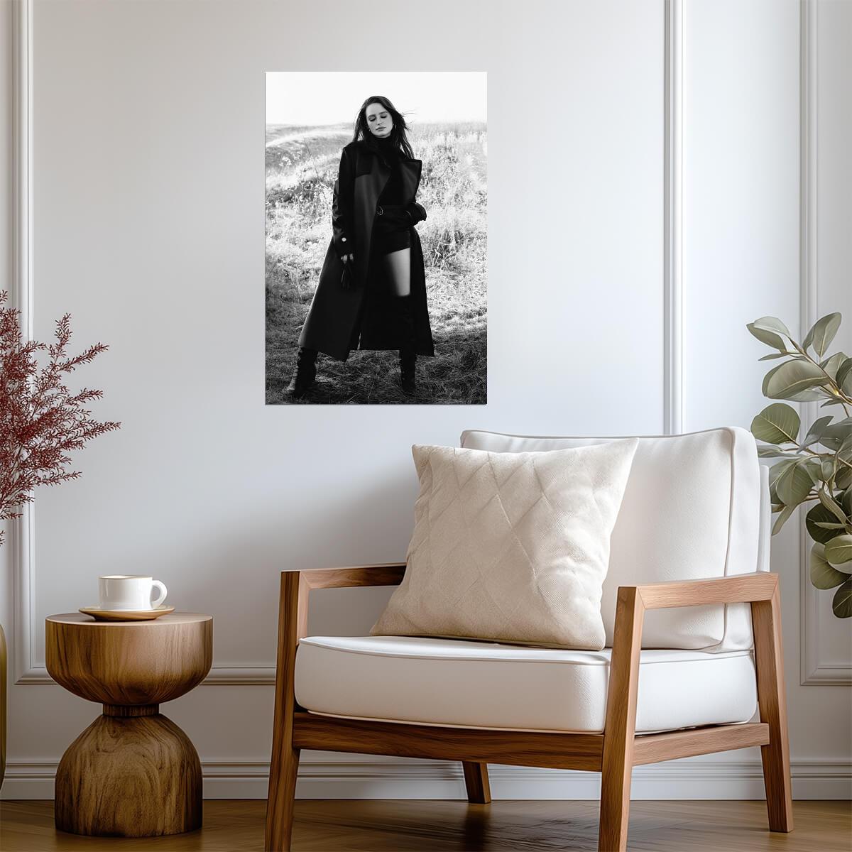 Madelaine Petsch in Black Coat Poster | Black and White Portrait Print - Celebrities Poster