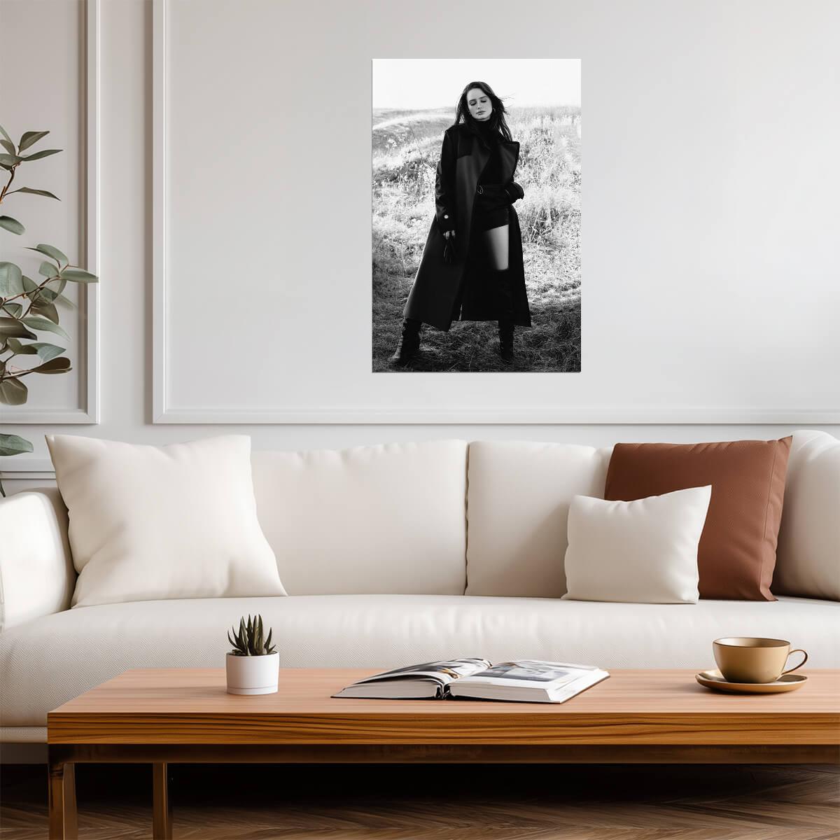 Madelaine Petsch in Black Coat Poster | Black and White Portrait Print - Celebrities Poster