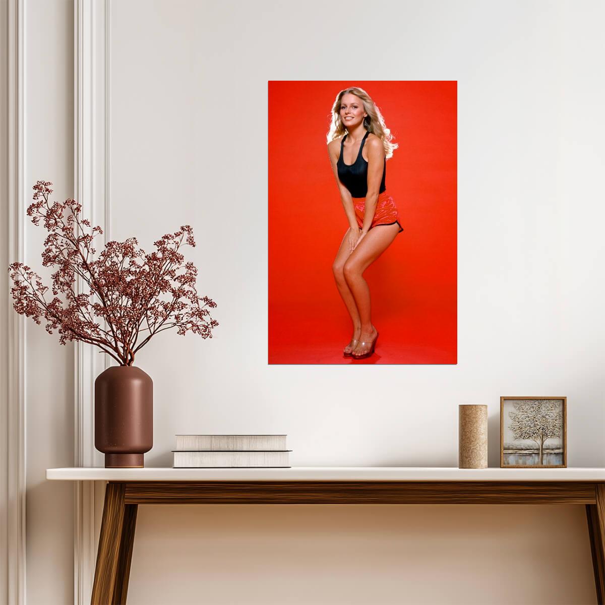 Cheryl Ladd in Shorts Poster | Red Background Wall Art Print - Celebrities Poster